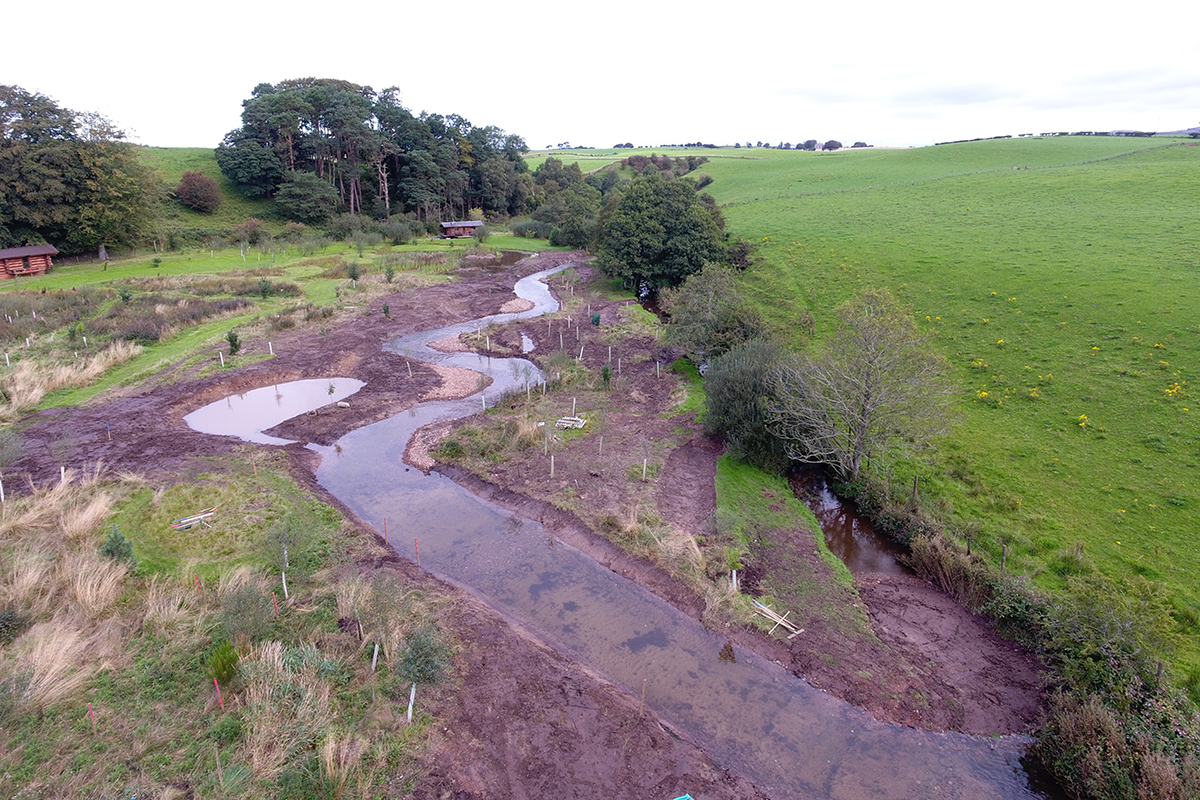 Landscape at Cairn Beck with wiggling river channel and ponds