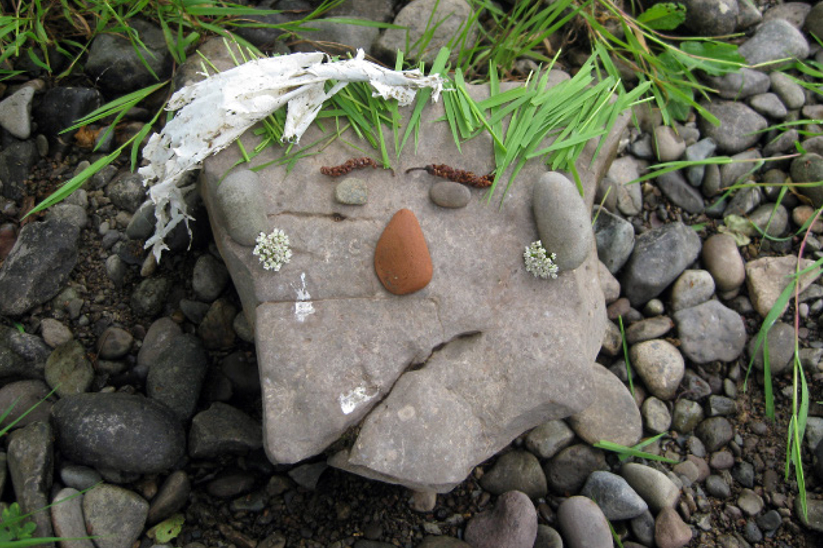 A face made from a stone and other natural materials