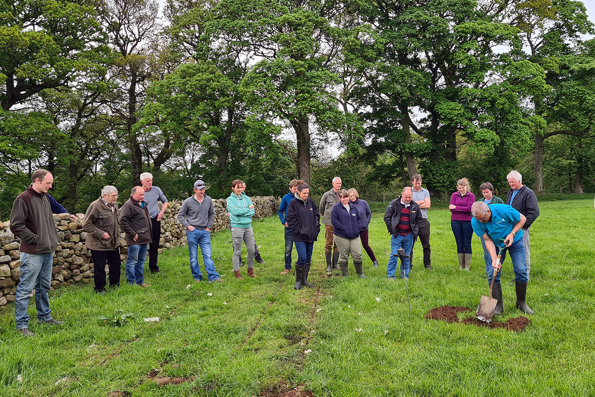 Group of people stood in a field watching a man dig a hole in the ground.