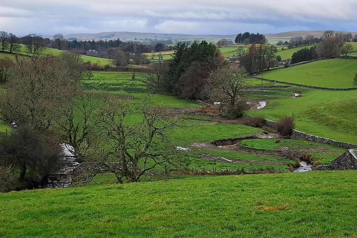 Landscape showing the new, wiggly river on the right, and the existing Scandal Beck on the left.