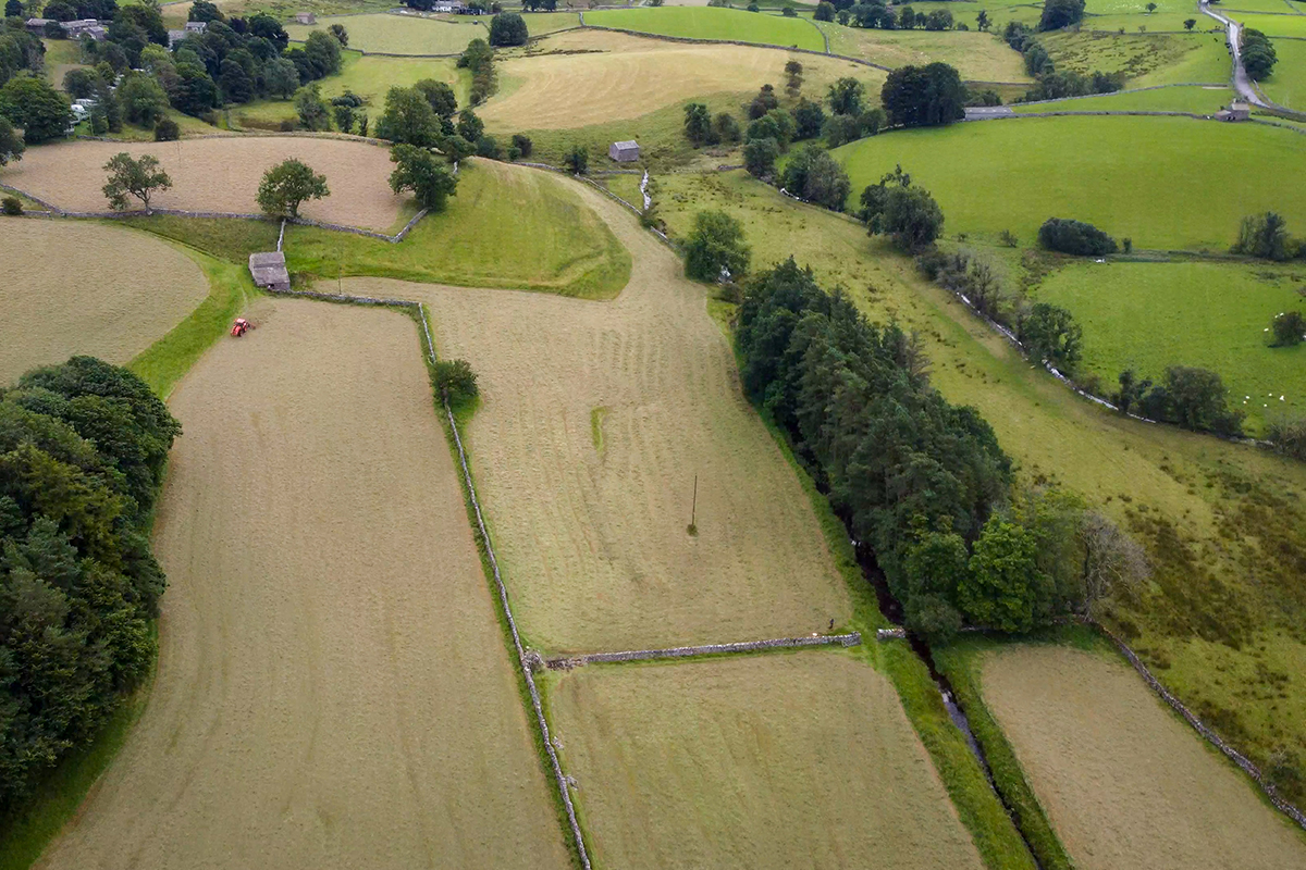 Aerial photograph showing fields at Bowber Head with two rivers flowing through them